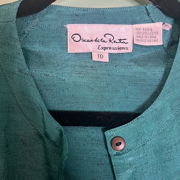 Oscar de la Renta turquoise green button up shiny top - Picture 2 of 4